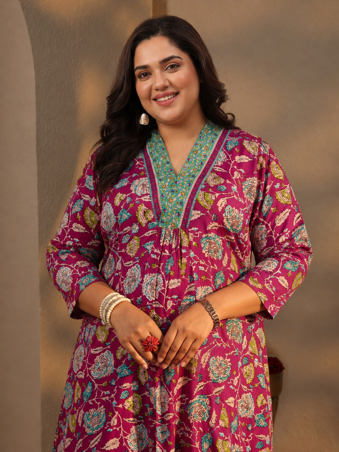  Plus Size Pink Floral Printed Cotton A-Line Suit Set 