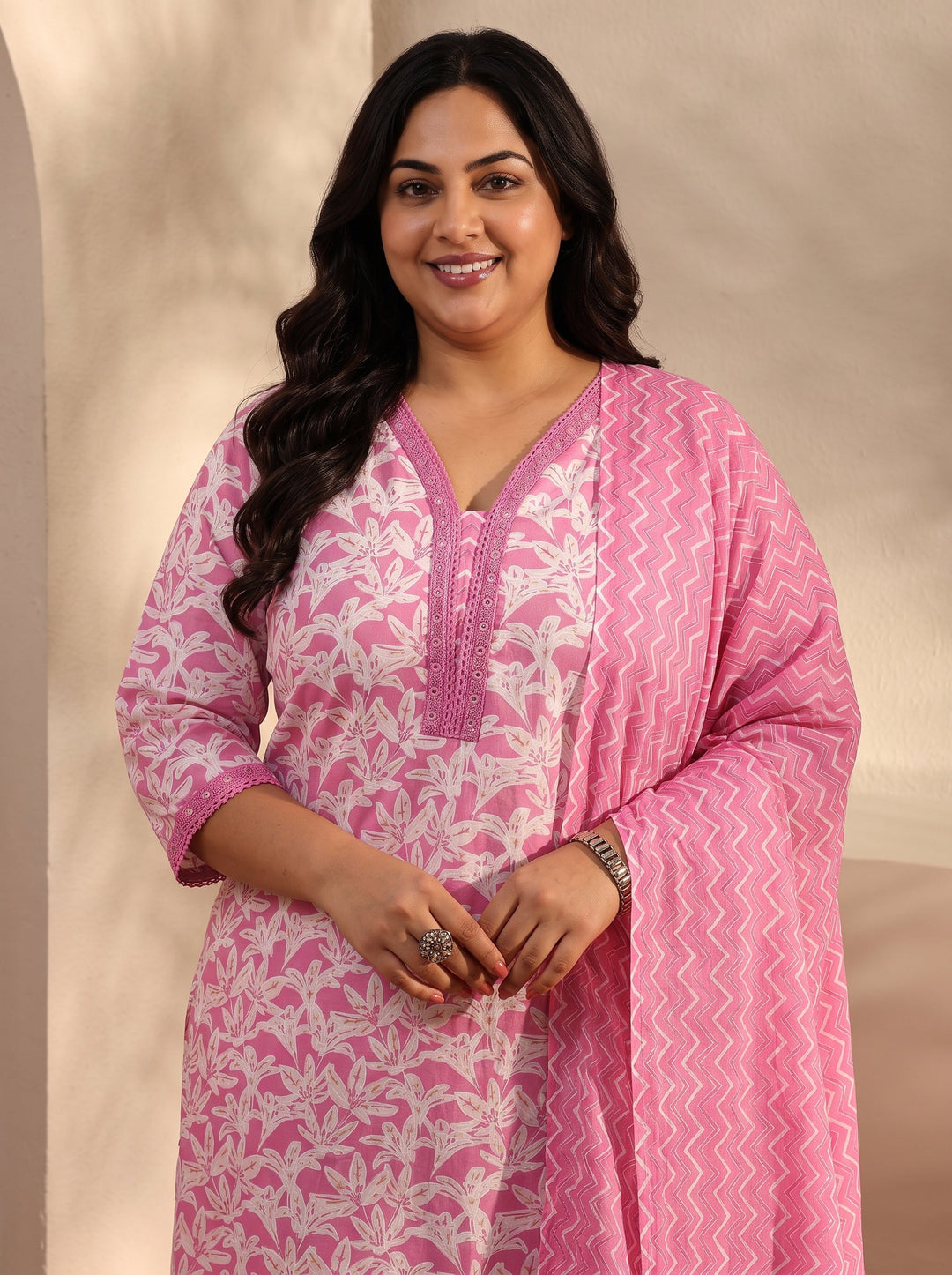  Plus Size Pink Floral Printed Cotton Straight Suit Set With Dupatta 