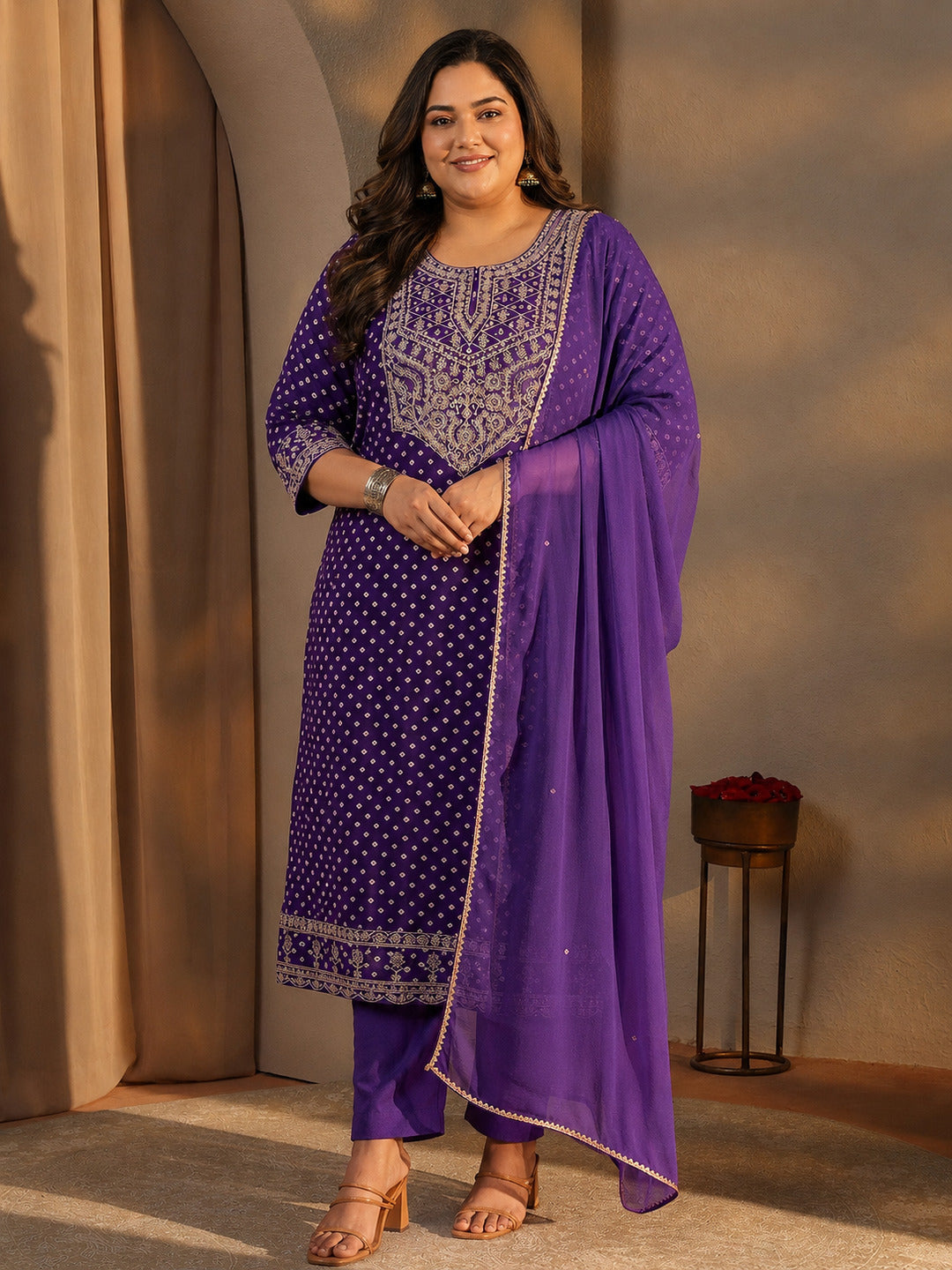  Plus Size Purple Bandhani Printed Silk Blend Straight Suit Set With Dupatta 
