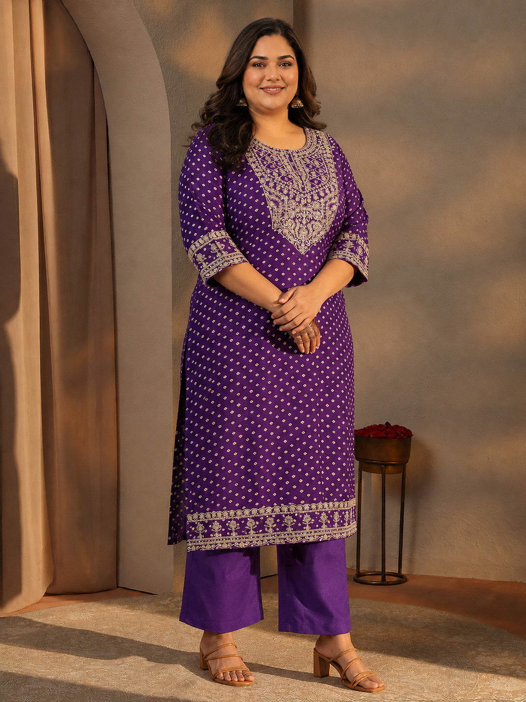  Plus Size Purple Bandhani Printed Silk Blend Straight Suit Set With Dupatta 
