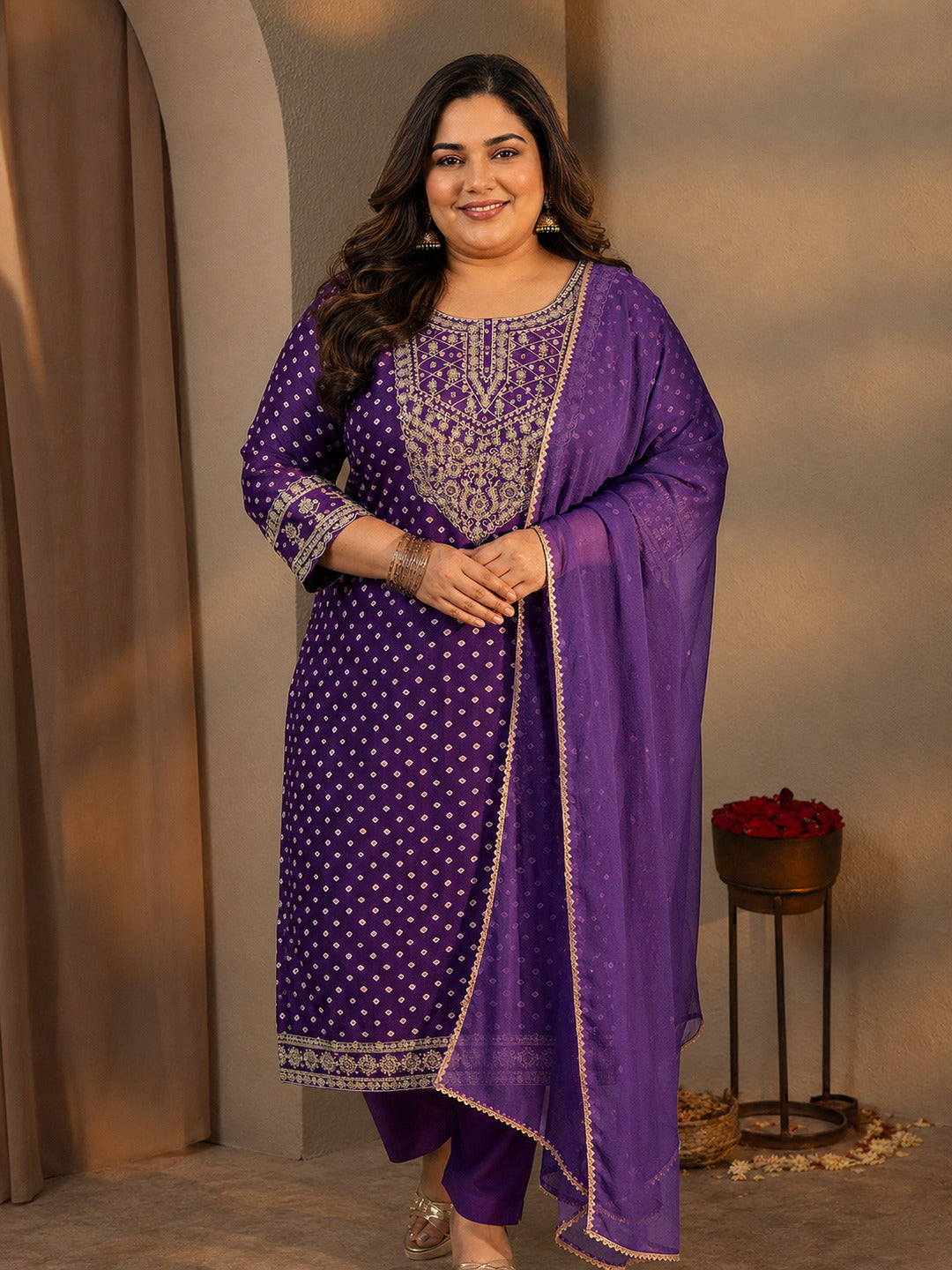  Plus Size Purple Bandhani Printed Silk Blend Straight Suit Set With Dupatta 