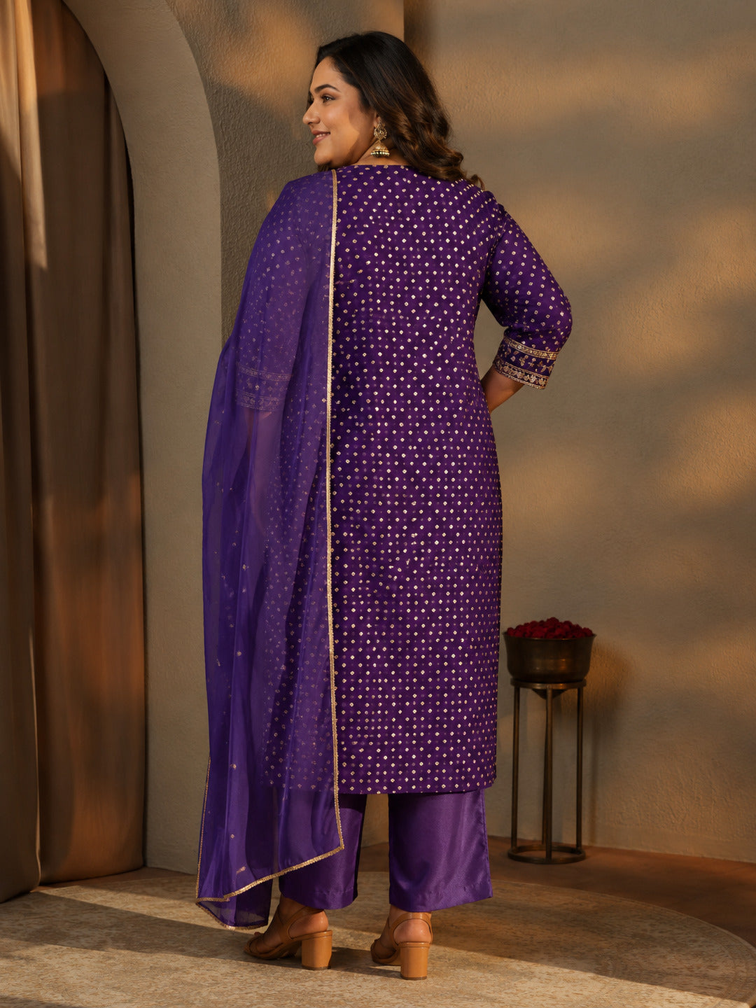  Plus Size Purple Bandhani Printed Silk Blend Straight Suit Set With Dupatta 