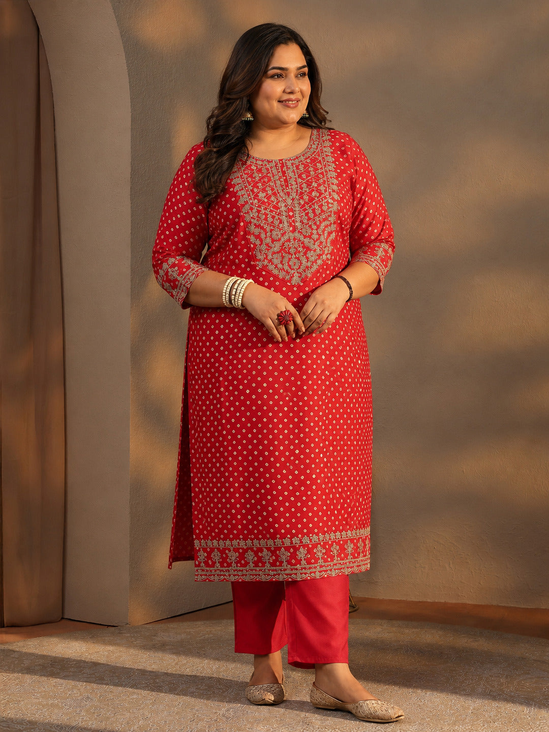  Plus Size Red Bandhani Printed Silk Blend Straight Suit Set With Dupatta 