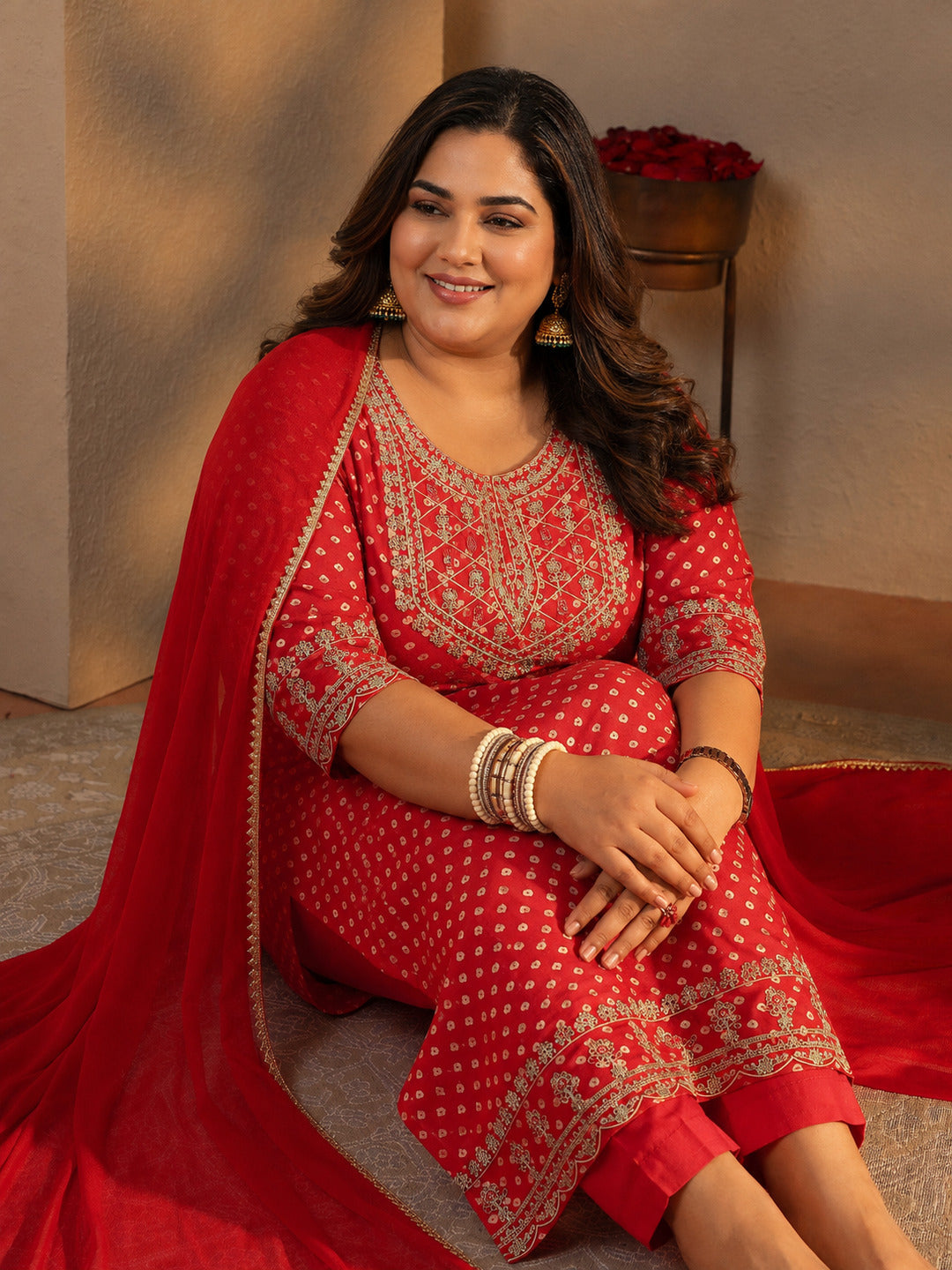  Plus Size Red Bandhani Printed Silk Blend Straight Suit Set With Dupatta 