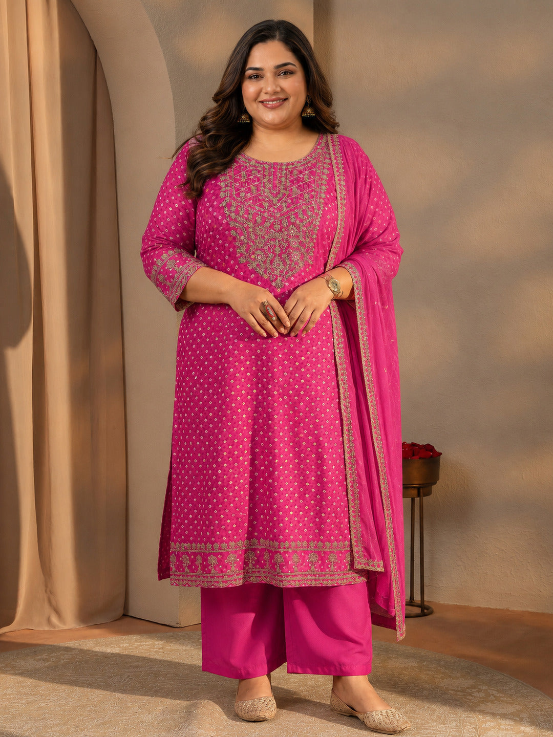  Plus Size Pink Bandhani Embroidered Silk Blend Straight Suit Set With Dupatta 