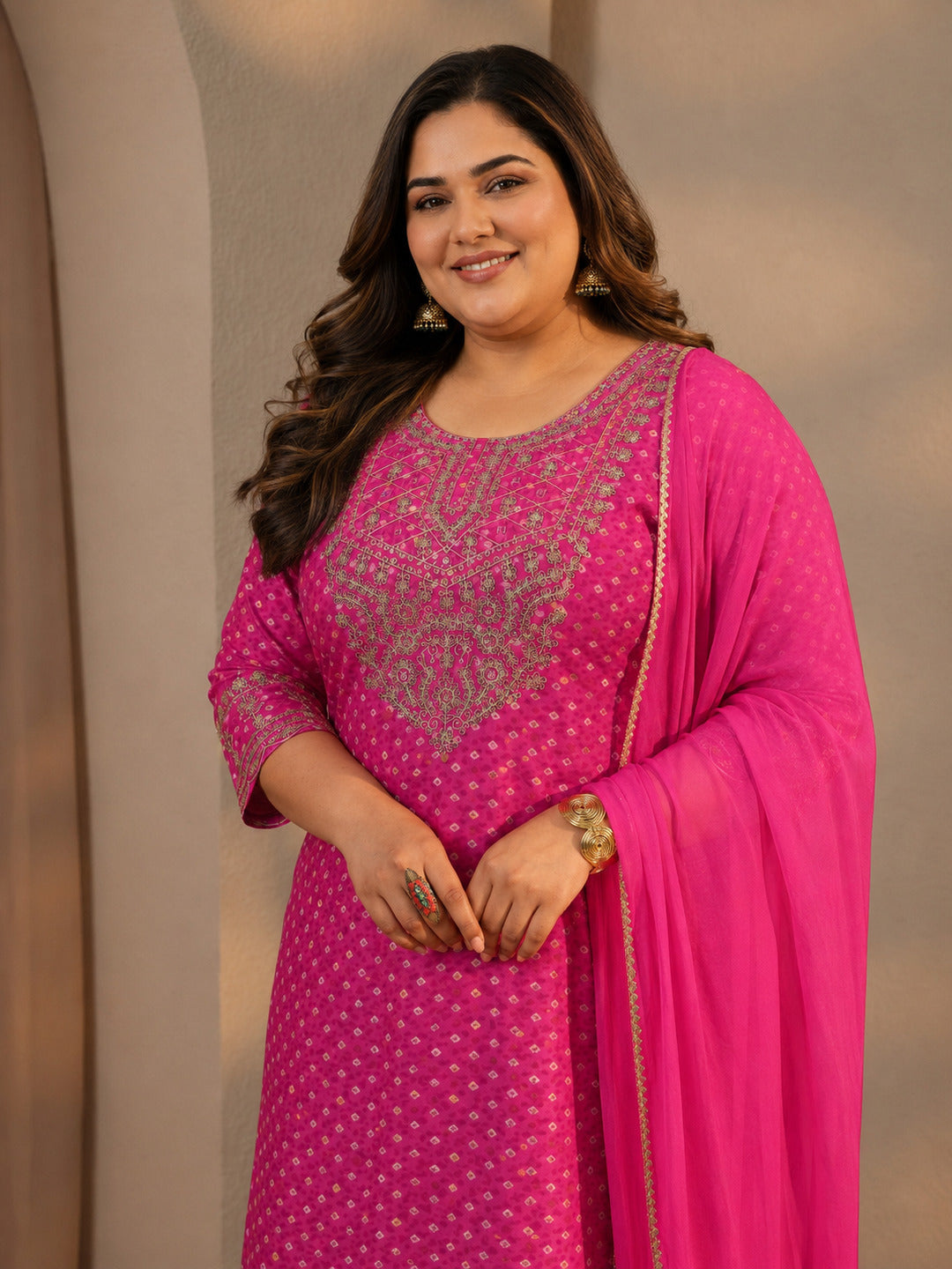  Plus Size Pink Bandhani Embroidered Silk Blend Straight Suit Set With Dupatta 