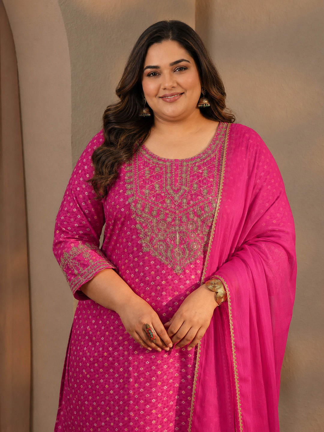  Plus Size Pink Bandhani Embroidered Silk Blend Straight Suit Set With Dupatta 