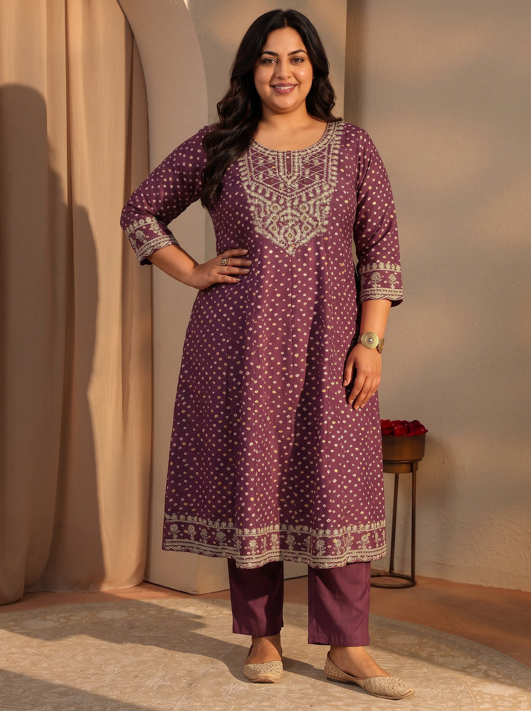  Plus Size Burgundy Bandhani Printed Silk Blend A-Line Suit Set With Dupatta 