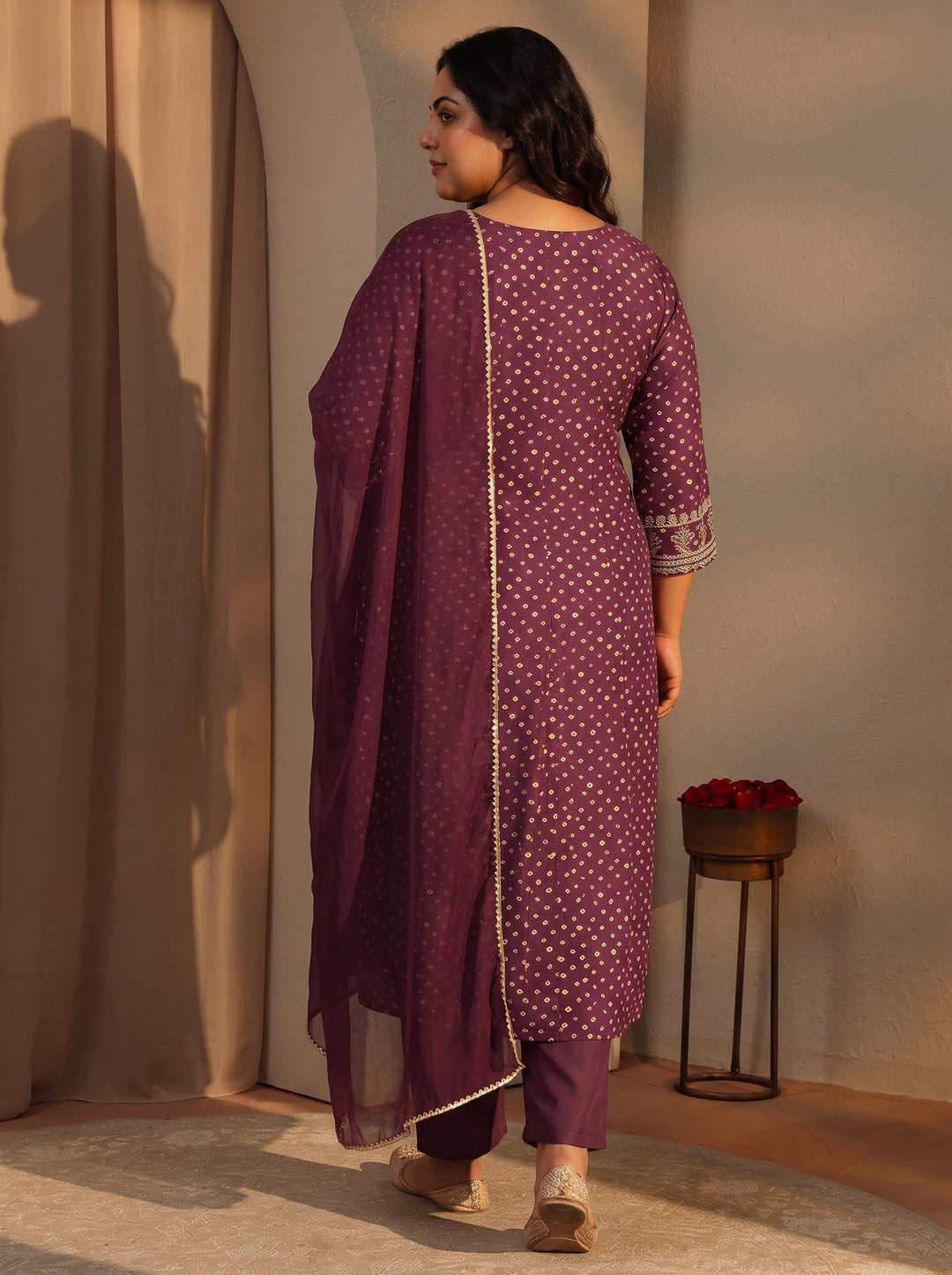  Plus Size Burgundy Bandhani Printed Silk Blend A-Line Suit Set With Dupatta 