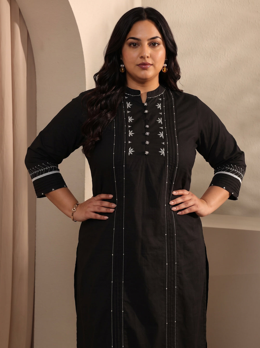  Plus Size Black Embroidered Cotton Straight Kurta Set 