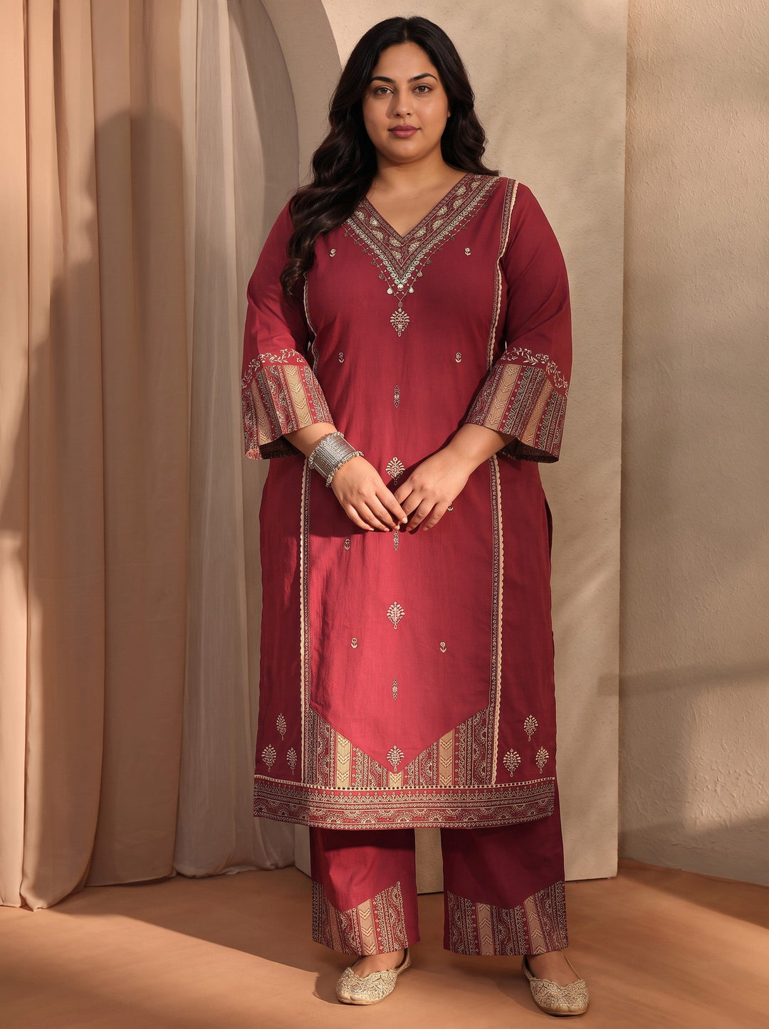  Plus Size Red Ethnic Motifs Embroidered Cotton Blend Straight Kurta Set 