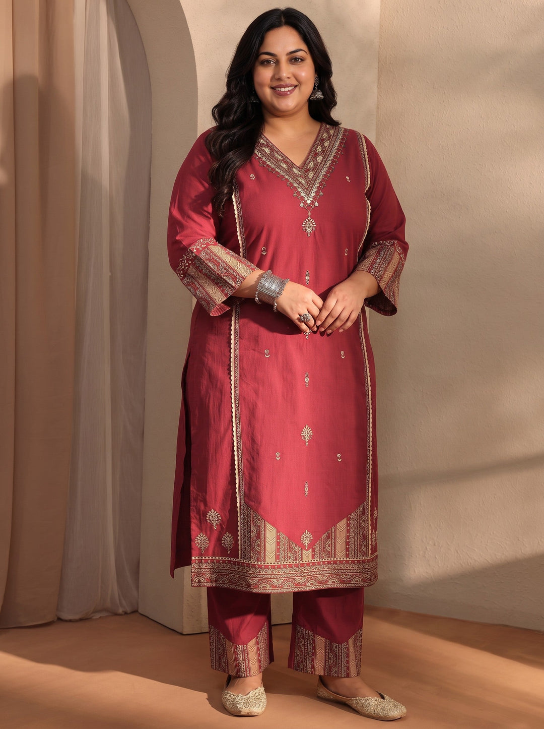  Plus Size Red Ethnic Motifs Embroidered Cotton Blend Straight Kurta Set 