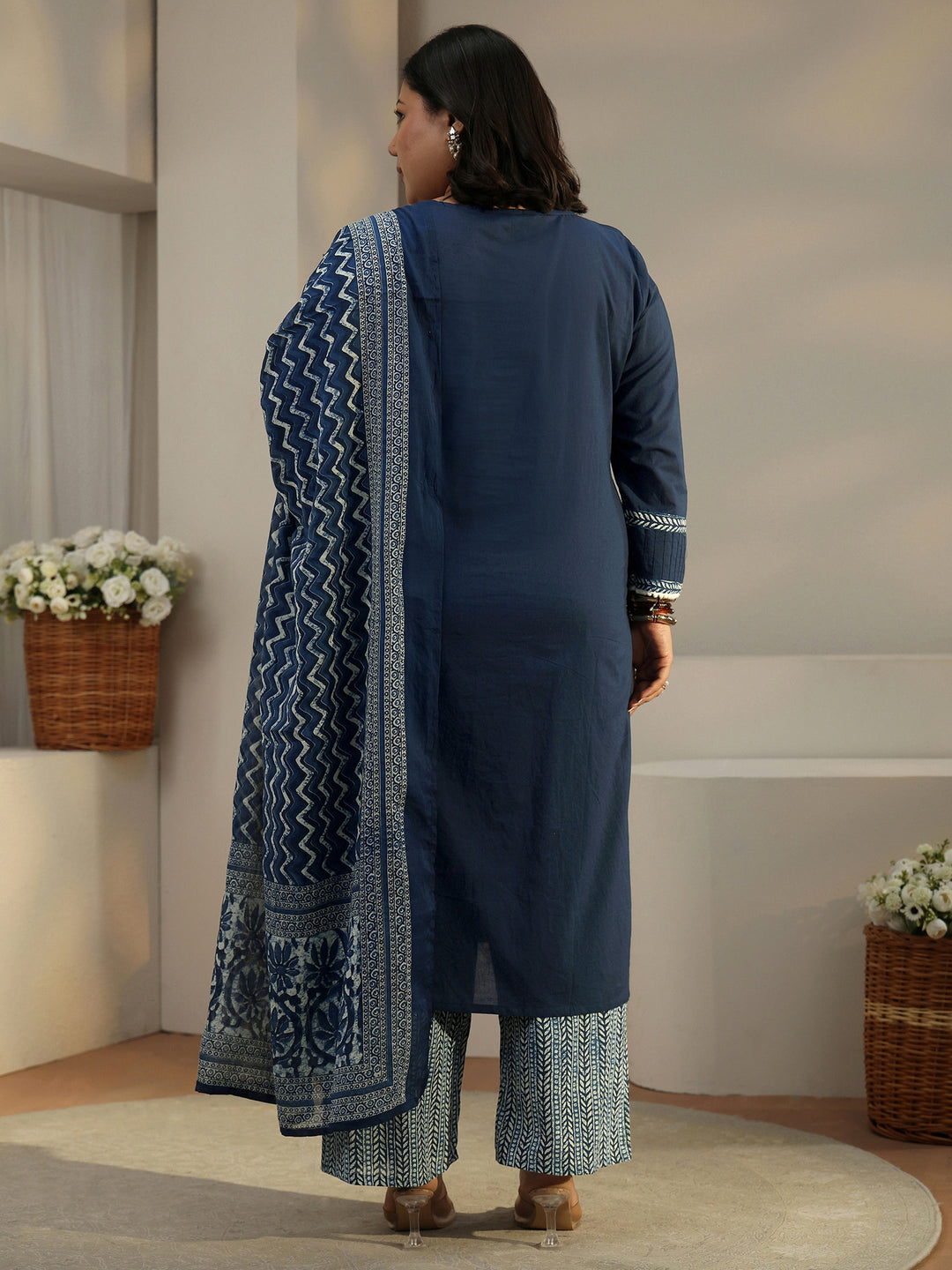  Plus Size Blue Floral Yoke Design Cotton Blend Straight Suit Set With Dupatta 