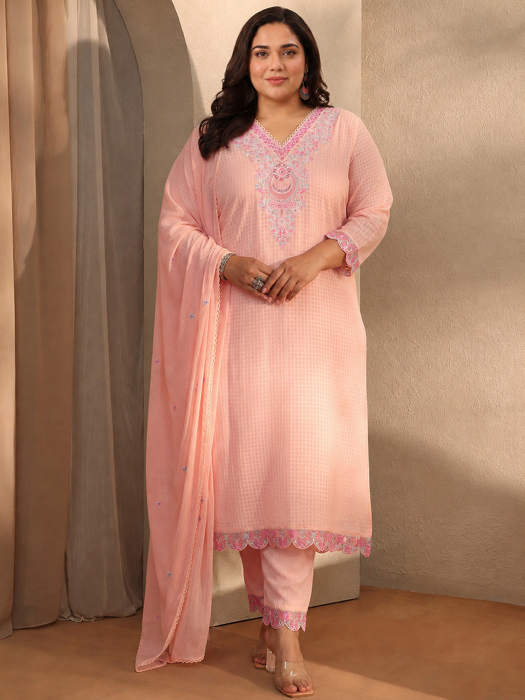  Plus Size Peach Floral Self Design Cotton Blend Straight Suit Set With Dupatta 