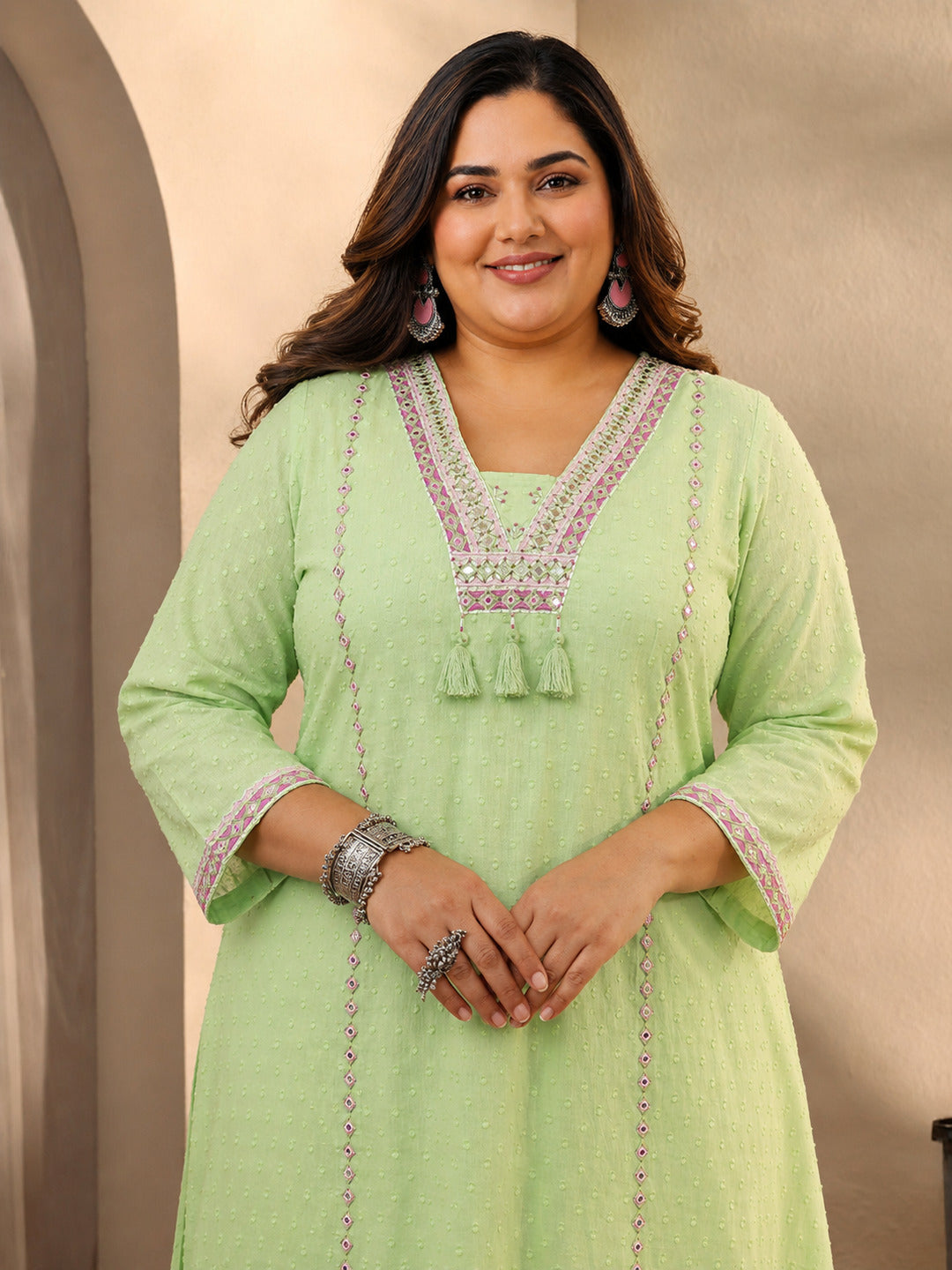  Plus Size Green Self Design Cotton Blend Straight Kurta Set 