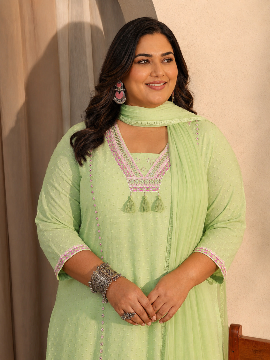 Plus Size Green Self Design Cotton Blend Straight Kurta Set 