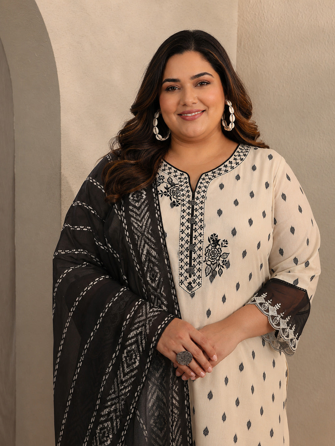  Plus Size Off White Floral Woven Design Cotton Blend Straight Suit Set With Dupatta 