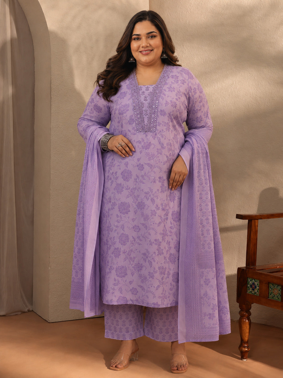  Plus Size Lavender Floral Printed Cotton Blend Straight Suit Set With Dupatta 