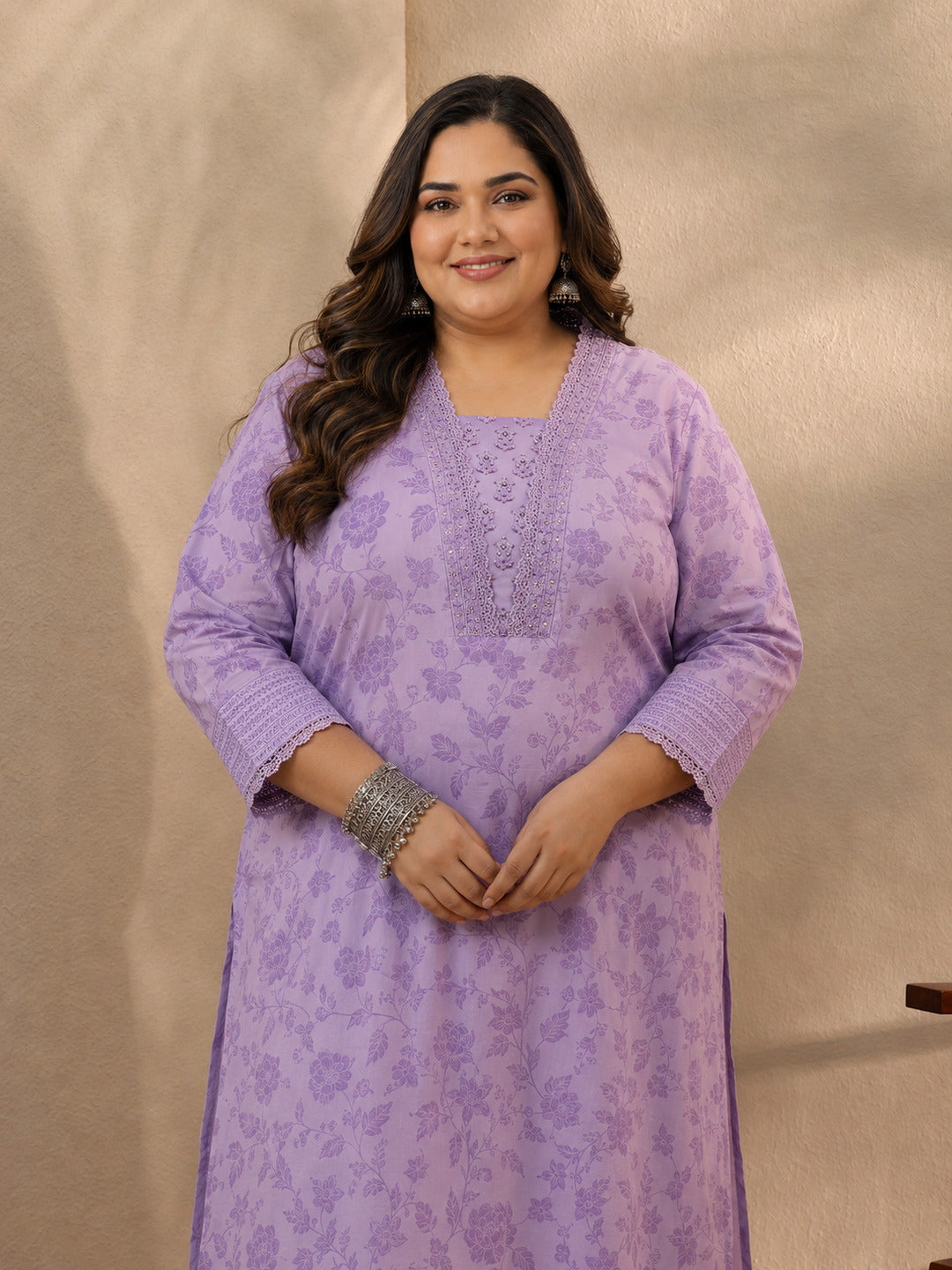  Plus Size Lavender Floral Printed Cotton Blend Straight Suit Set With Dupatta 