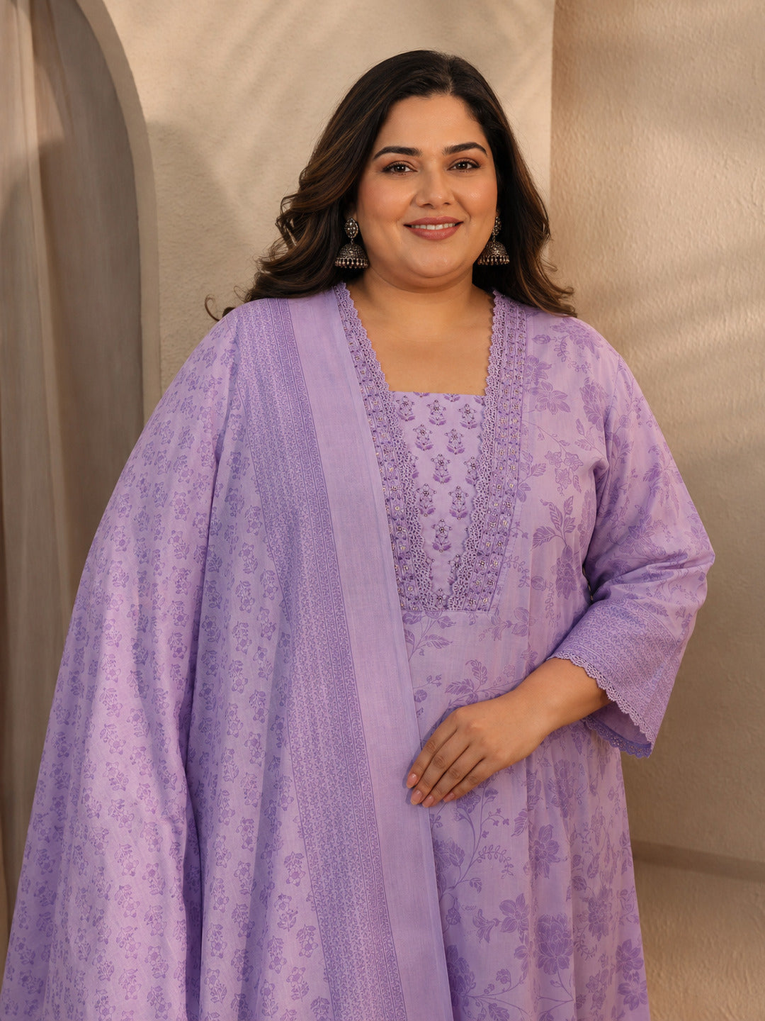  Plus Size Lavender Floral Printed Cotton Blend Straight Suit Set With Dupatta 