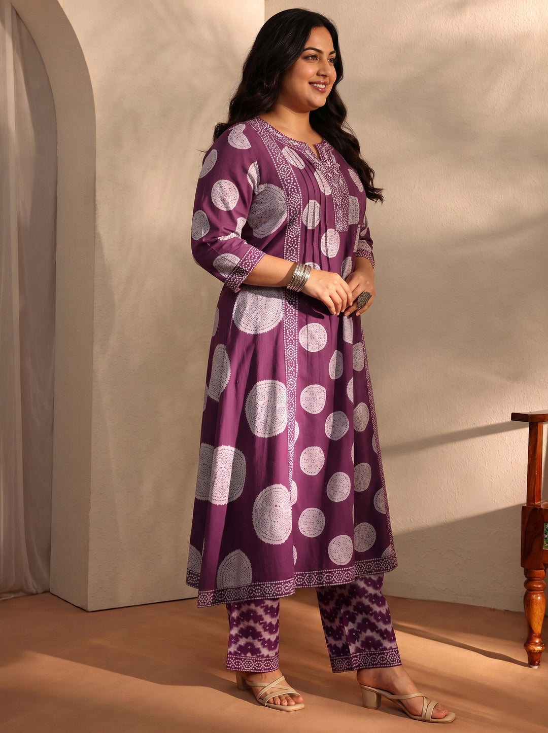  Plus Size Burgundy Bandhani Printed Cotton Blend A-Line Suit Set With Dupatta 
