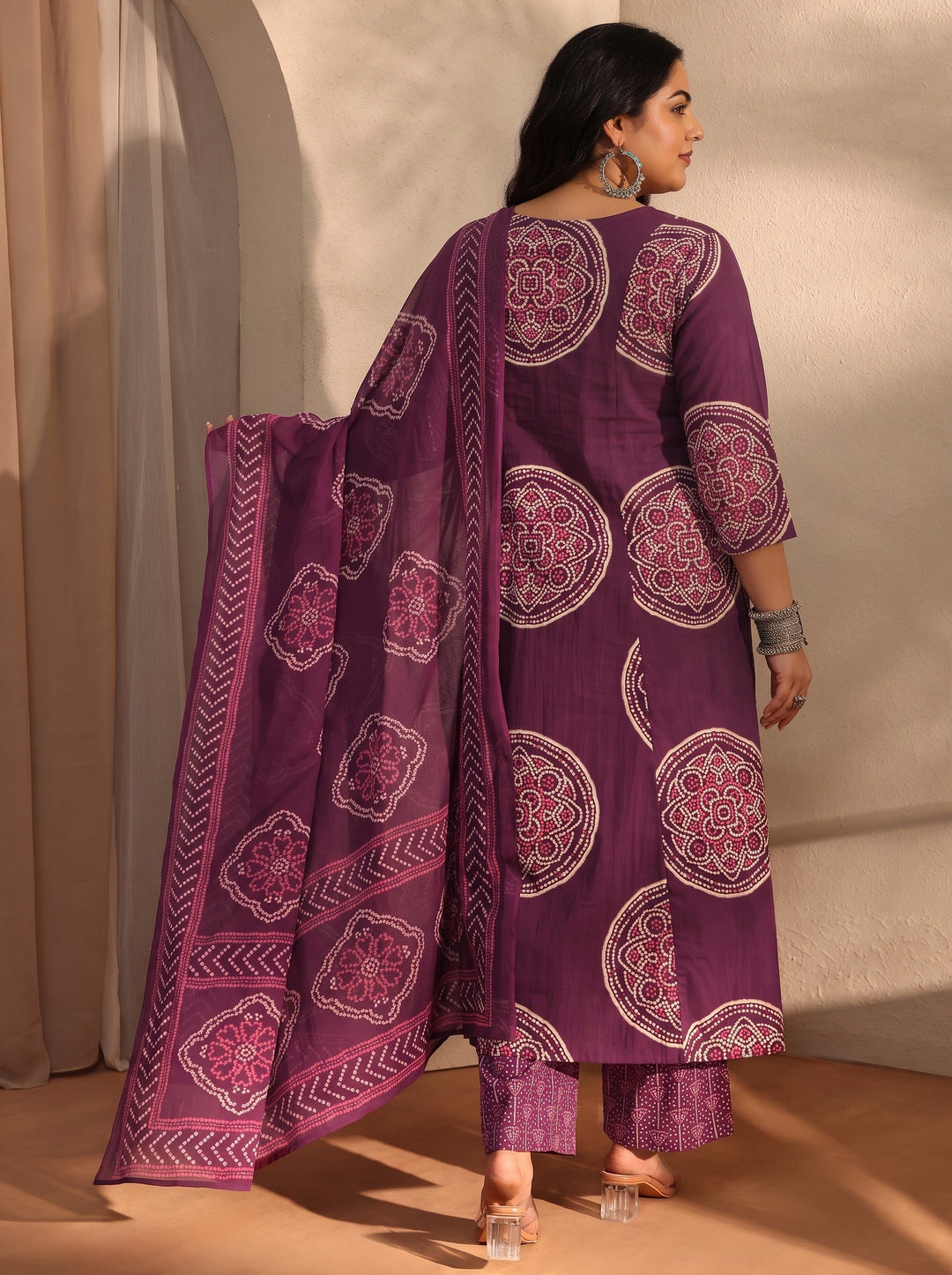  Plus Size Burgundy Bandhani Printed Cotton Blend A-Line Suit Set With Dupatta 