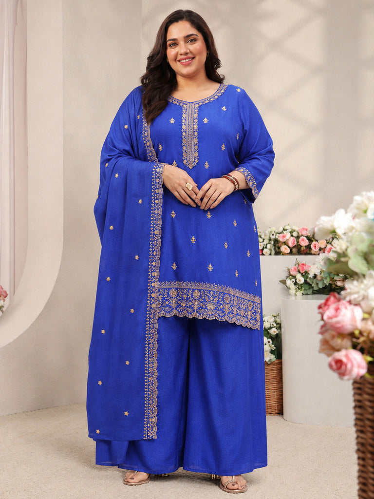 Plus Size Blue Embroidered Silk Blend Straight Suit Set With Dupatta