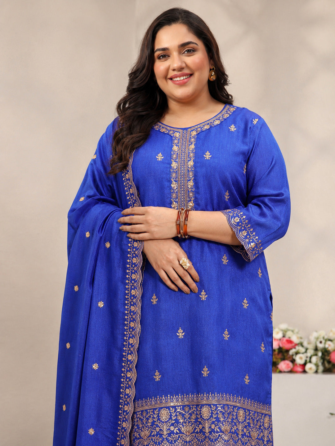  Plus Size Blue Embroidered Silk Blend Straight Suit Set With Dupatta 
