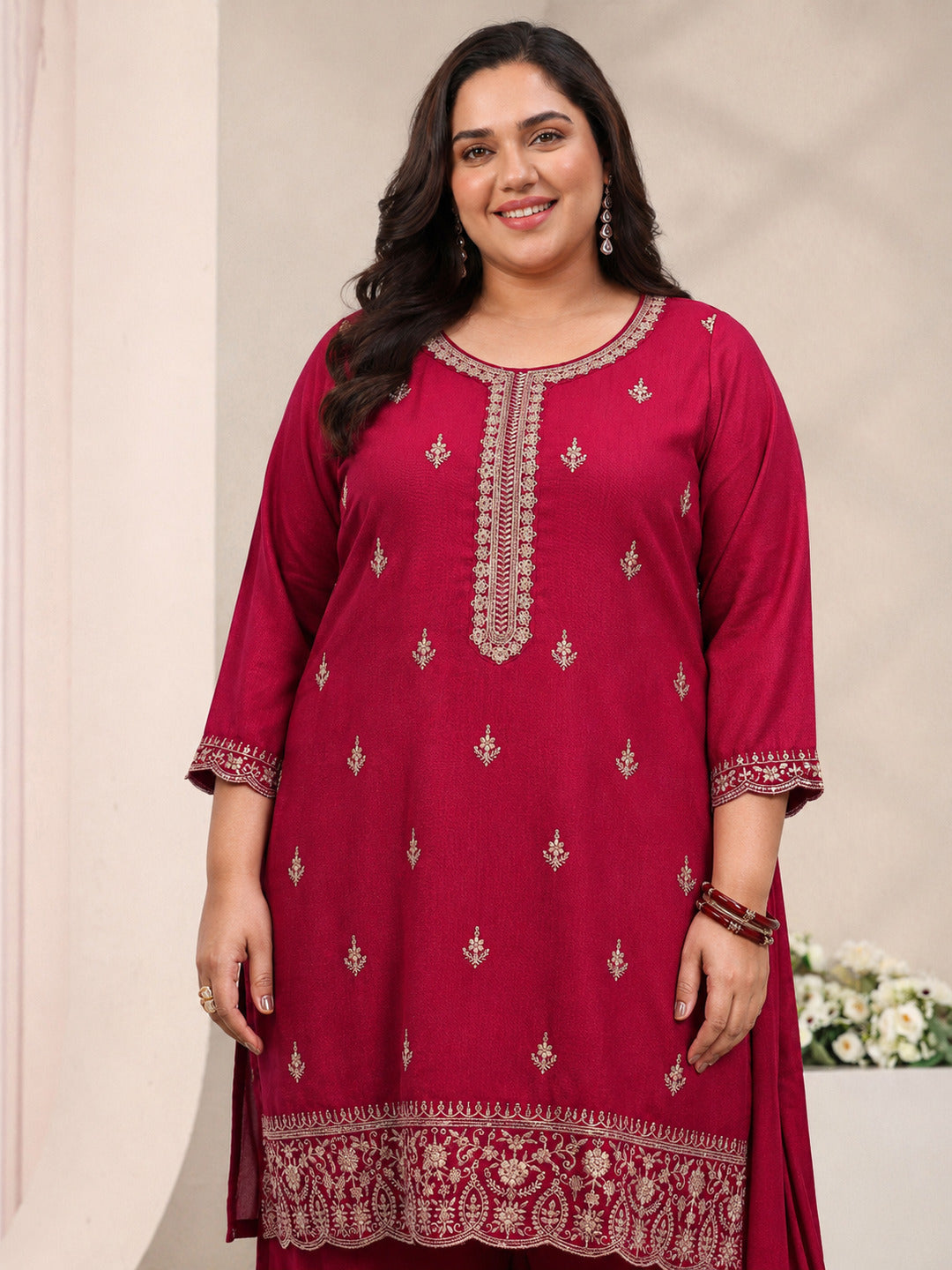  Plus Size Red Embroidered Silk Blend Straight Suit Set With Dupatta 