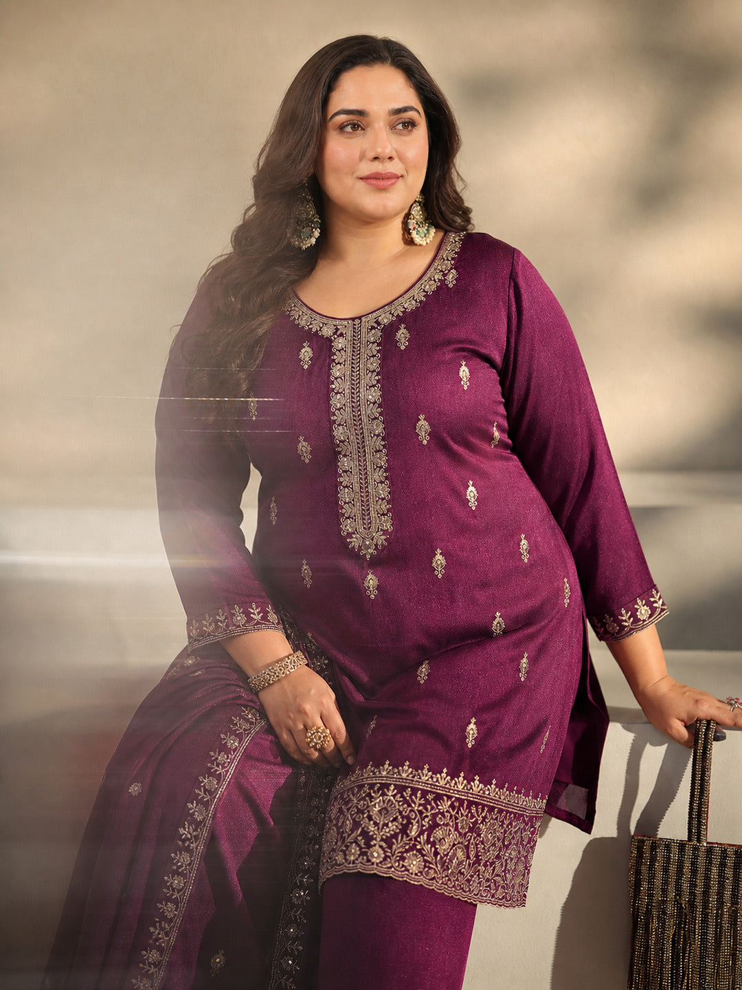  Plus Size Burgundy Embroidered Silk Blend Palazzo Suit Set With Dupatta 