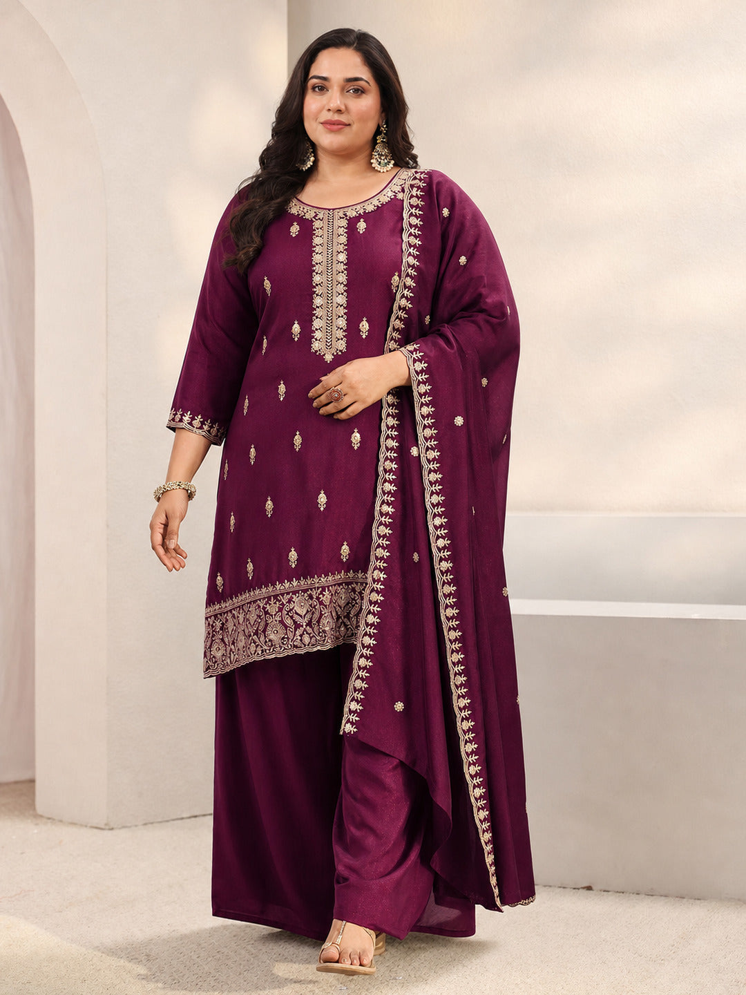  Plus Size Burgundy Embroidered Silk Blend Palazzo Suit Set With Dupatta 