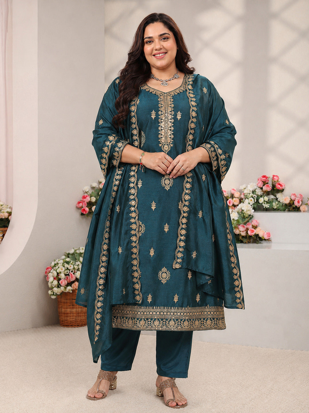  Plus Size Teal Ethnic Motifs Embroidered Silk Blend Straight Suit Set With Dupatta 