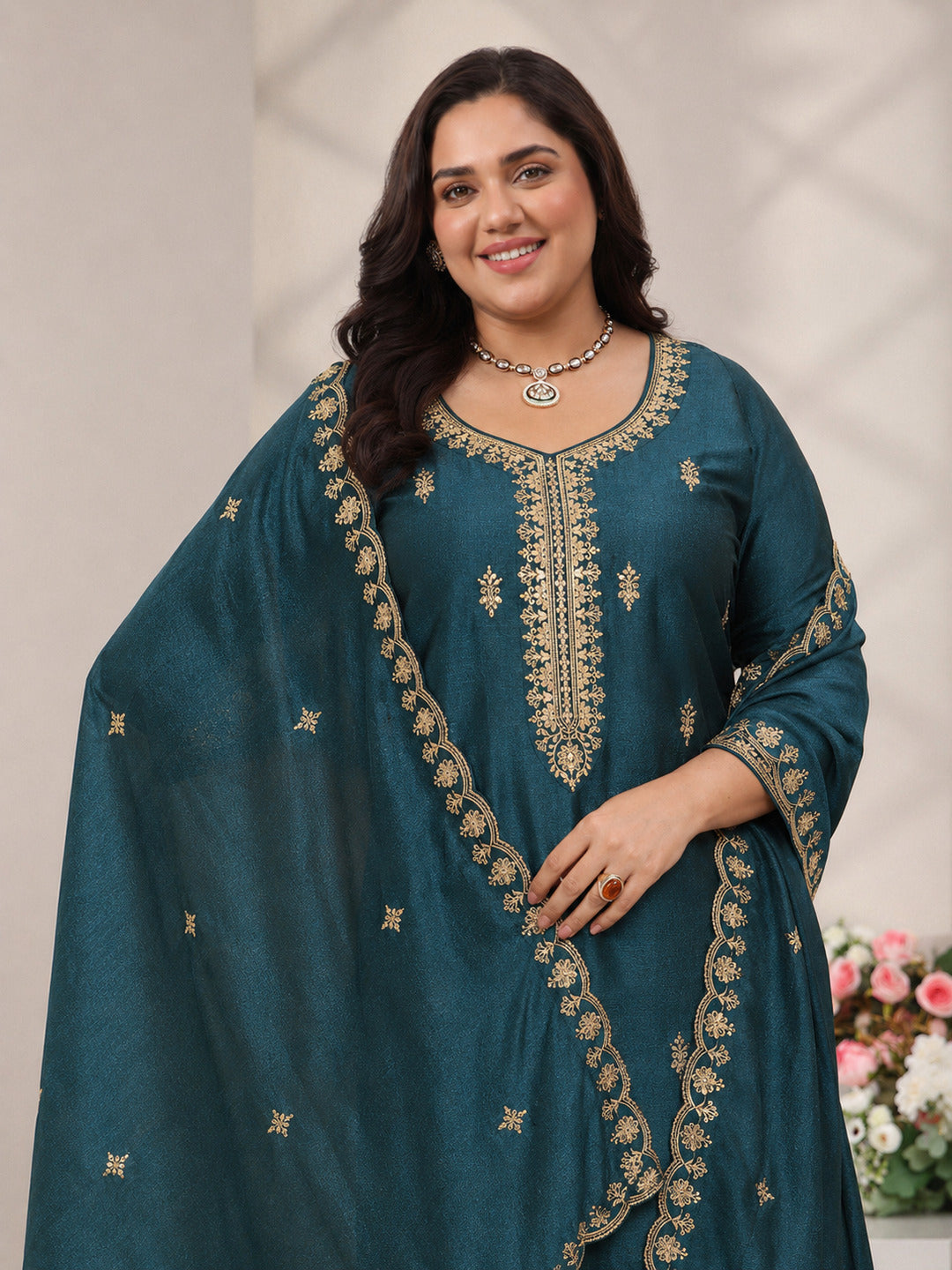  Plus Size Teal Ethnic Motifs Embroidered Silk Blend Straight Suit Set With Dupatta 