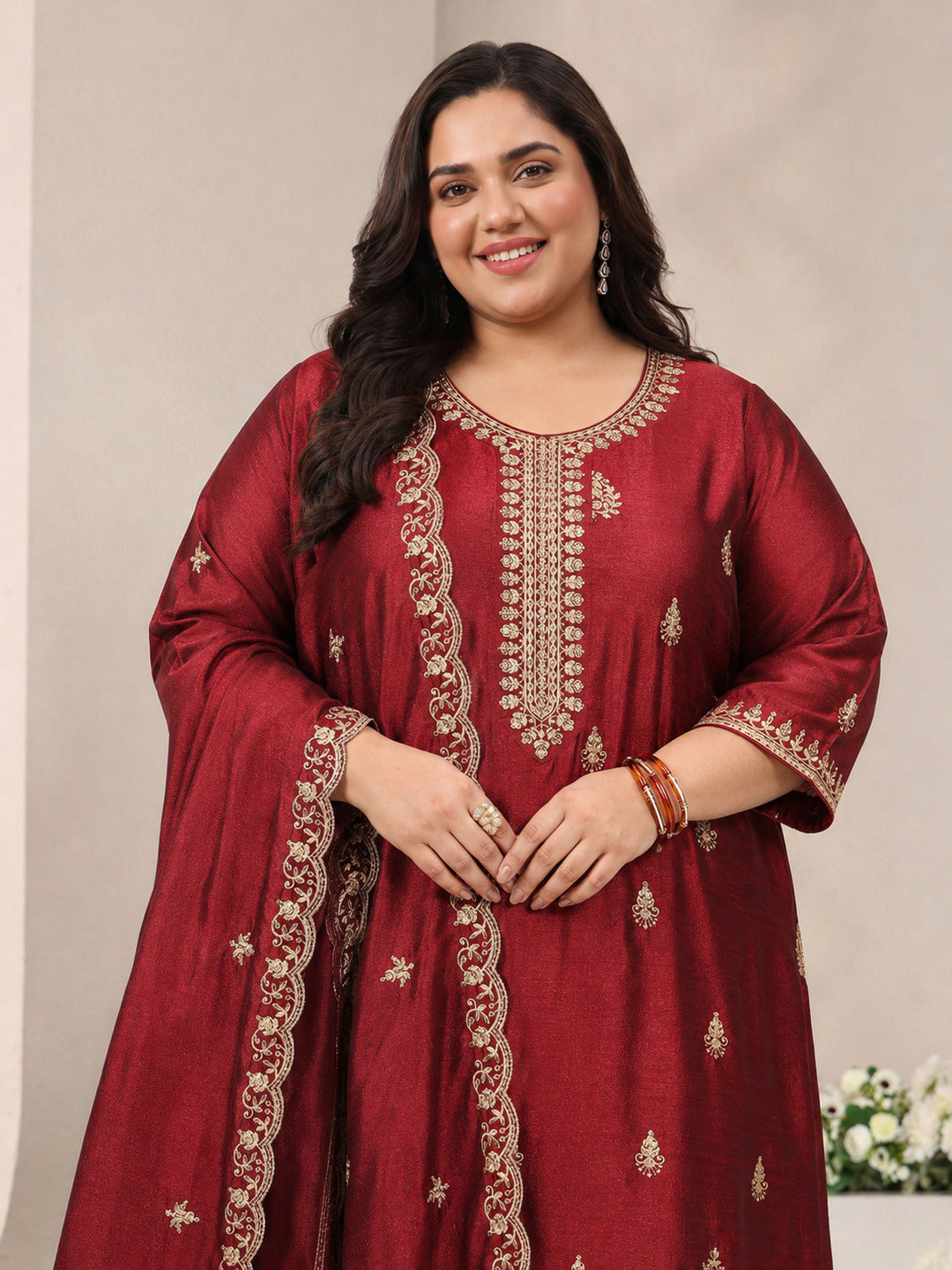  Plus Size Maroon Ethnic Motifs Embroidered Silk Blend Straight Suit Set With Dupatta 