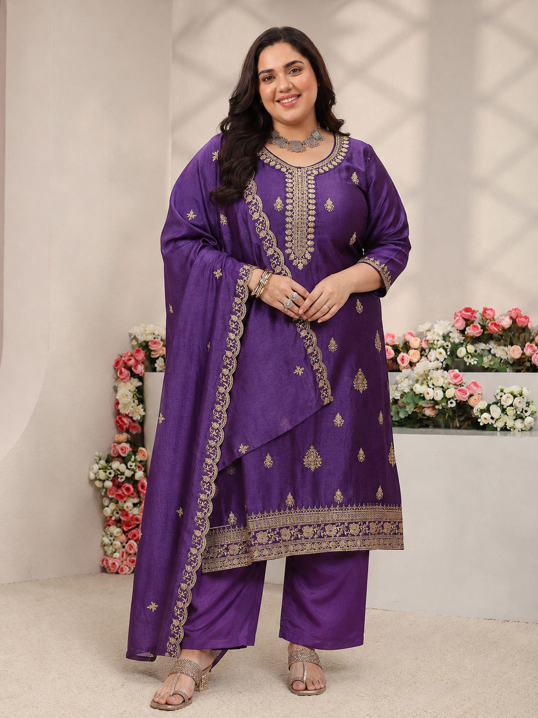  Plus Size Purple Ethnic Motifs Embroidered Silk Blend Straight Suit Set With Dupatta 