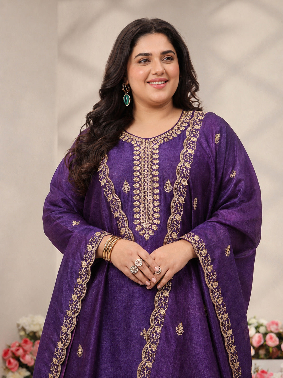  Plus Size Purple Ethnic Motifs Embroidered Silk Blend Straight Suit Set With Dupatta 