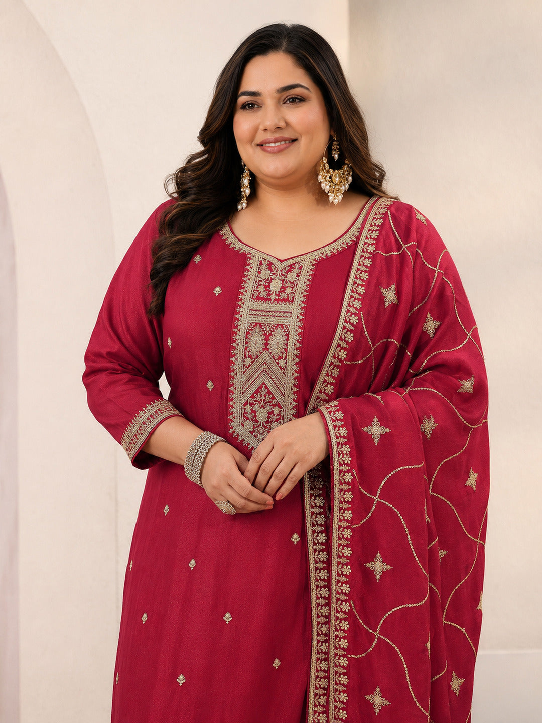  Plus Size Red Ethnic Embroidered Silk Blend Straight Suit Set With Dupatta 