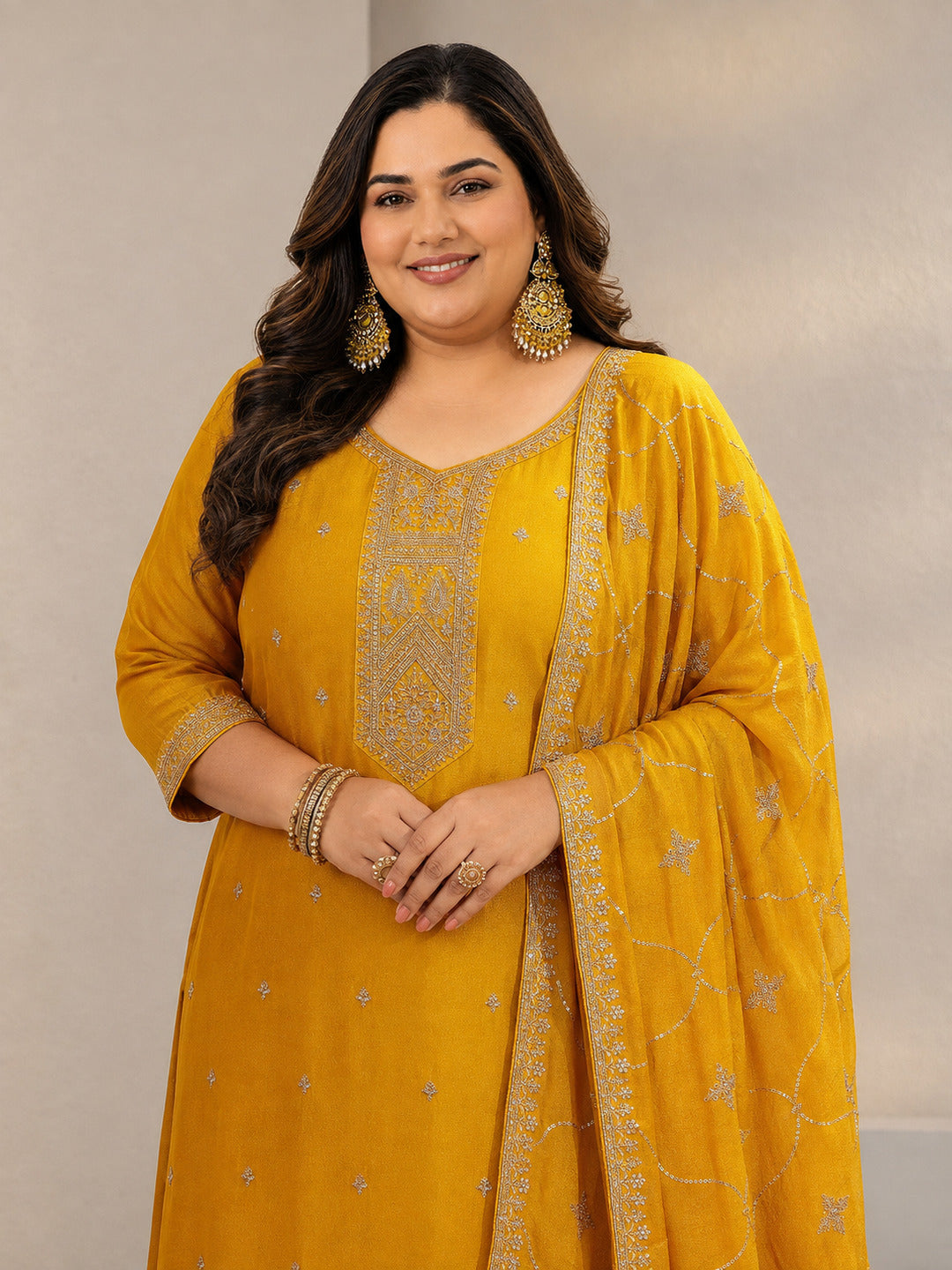  Plus Size Mustard Ethnic Embroidered Silk Blend Straight Suit Set With Dupatta 