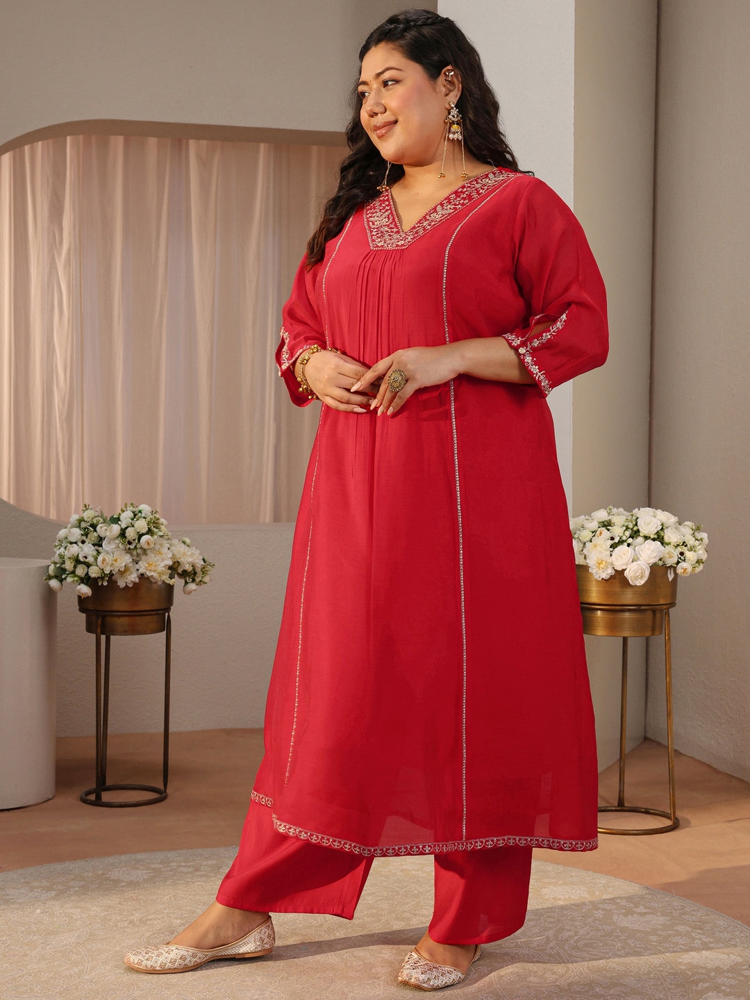  Plus Size Red Embellished Silk Blend A-Line Suit Set 