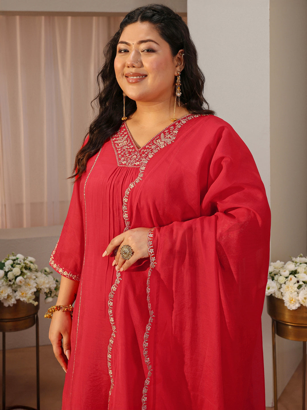  Plus Size Red Embellished Silk Blend A-Line Suit Set 