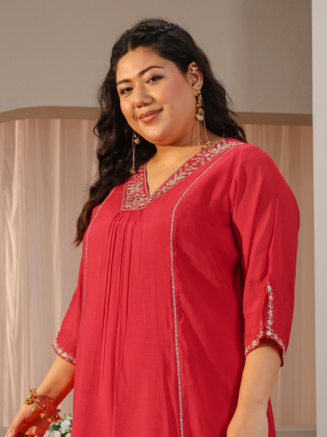  Plus Size Red Embellished Silk Blend A-Line Suit Set 