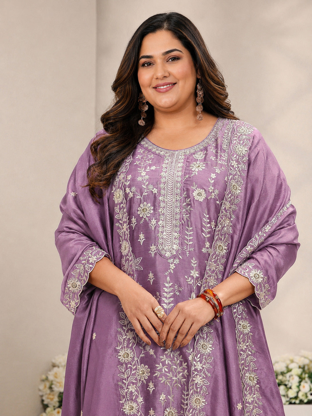  Plus Size Lavender Floral Embroidered Silk Blend Straight Suit Set With Dupatta 