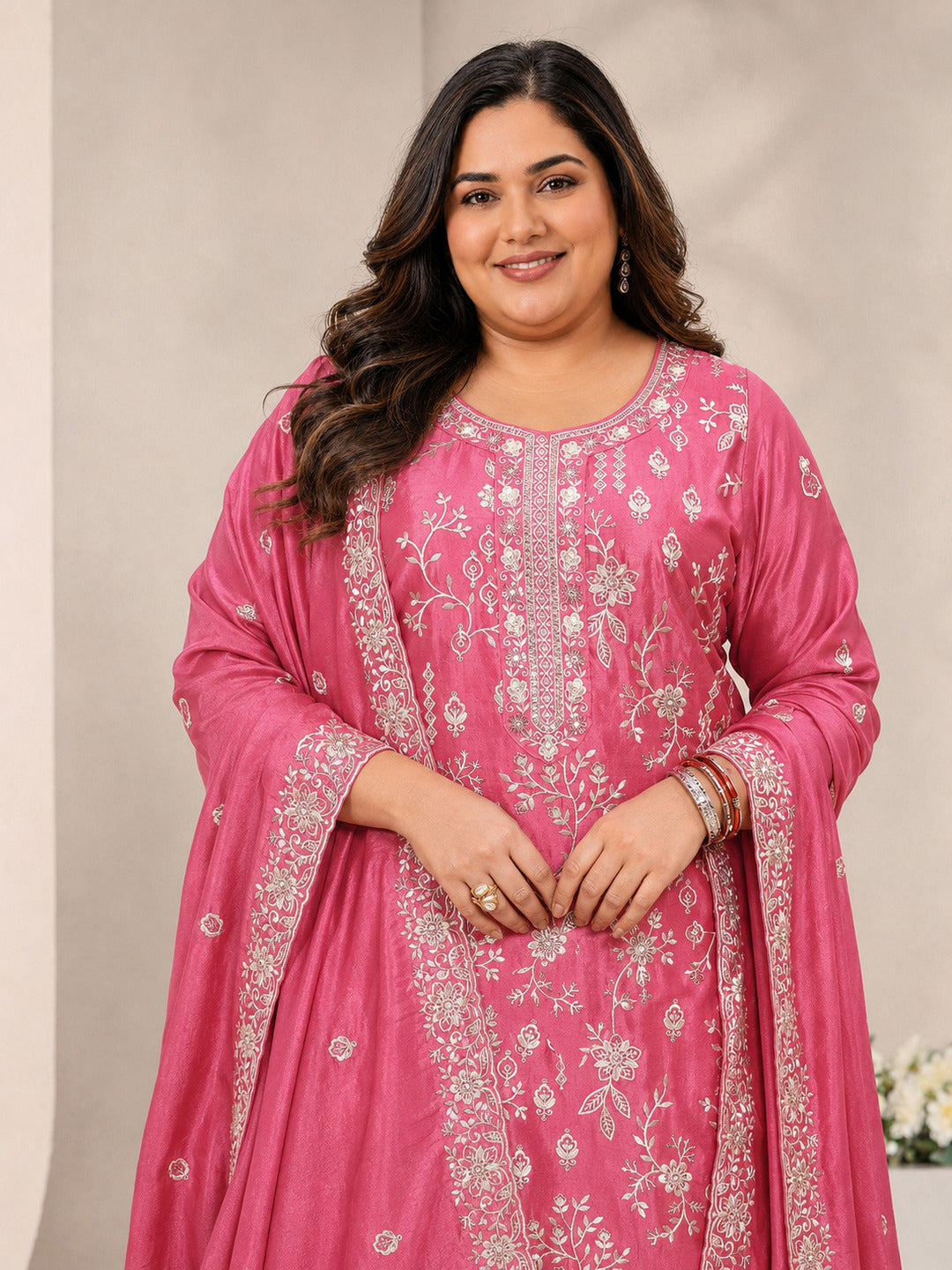  Plus Size Pink Floral Embroidered Silk Blend Straight Suit Set With Dupatta 