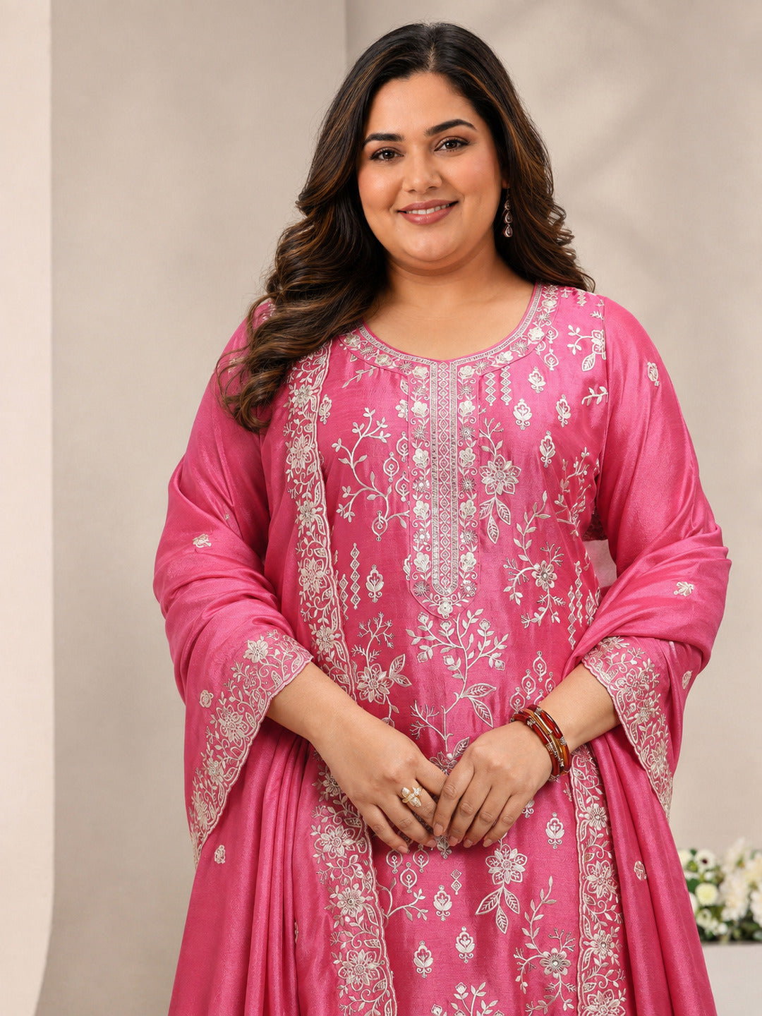  Plus Size Pink Floral Embroidered Silk Blend Straight Suit Set With Dupatta 