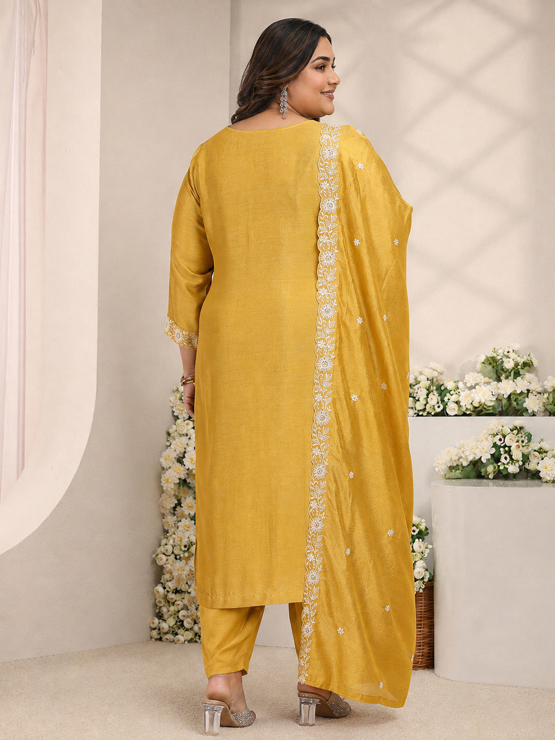  Plus Size Mustard Floral Embroidered Silk Blend Straight Suit Set With Dupatta 
