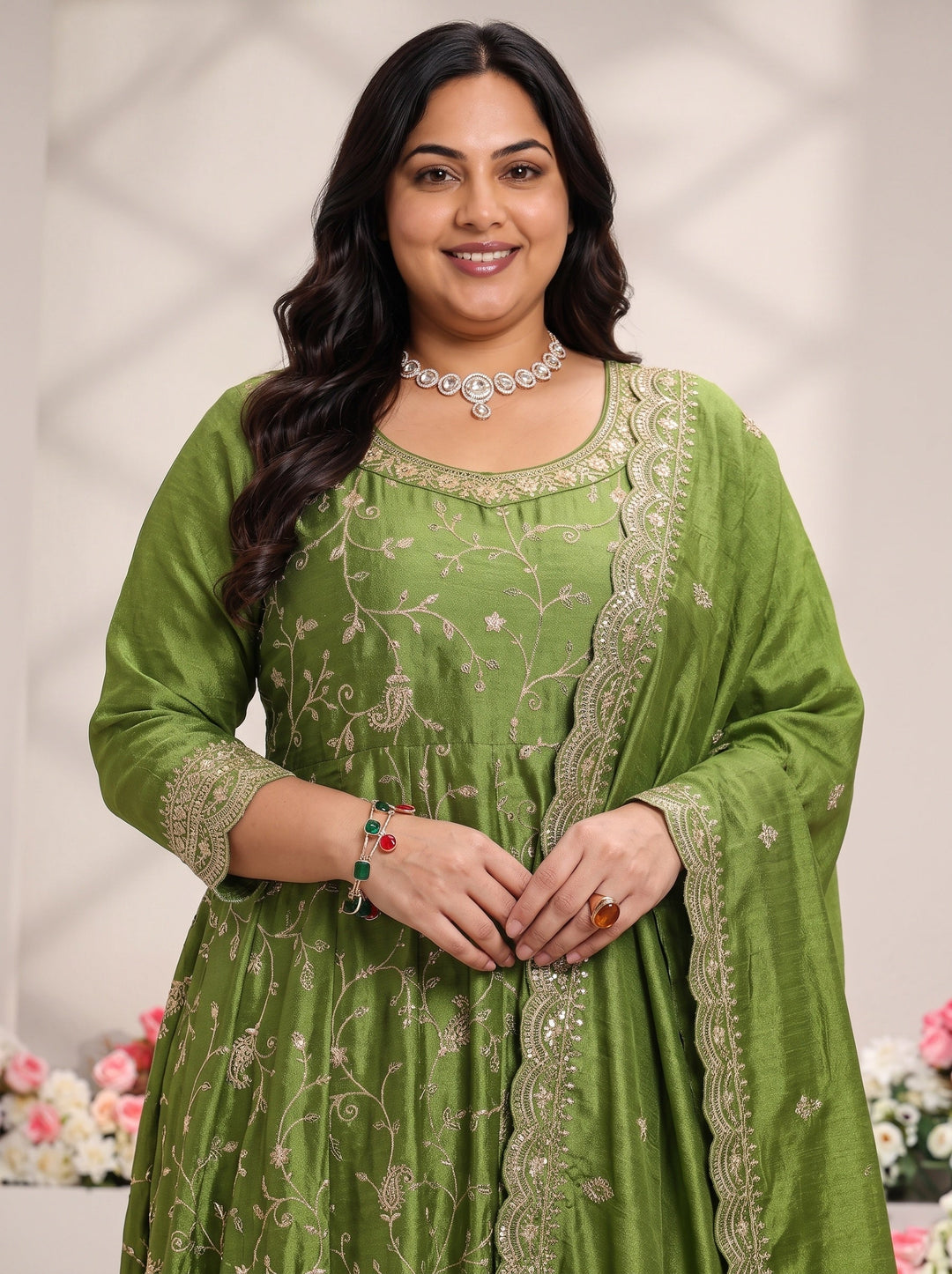  Plus Size Green Floral Embroidered Silk Blend Anarkali Suit Set With Dupatta 