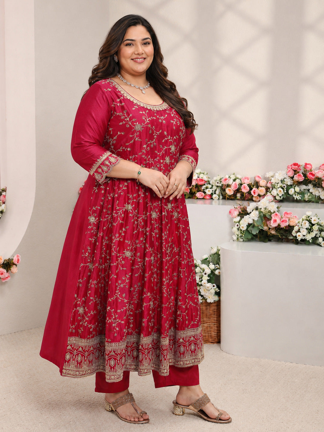  Plus Size Red Floral Embroidered Silk Blend Anarkali Suit Set With Dupatta 