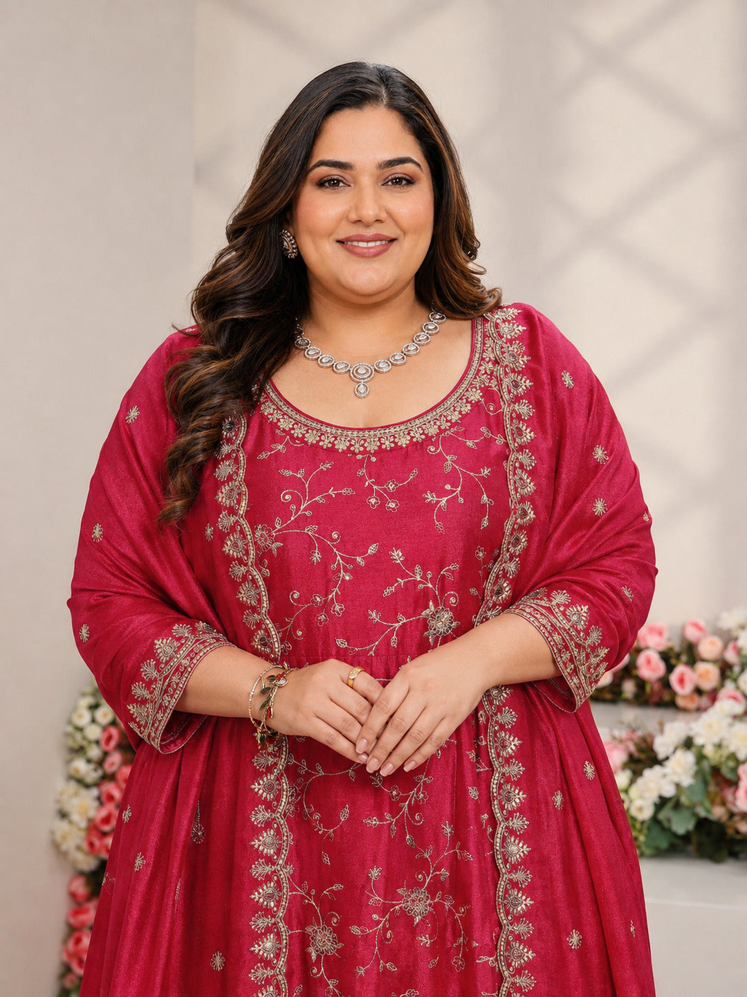  Plus Size Red Floral Embroidered Silk Blend Anarkali Suit Set With Dupatta 