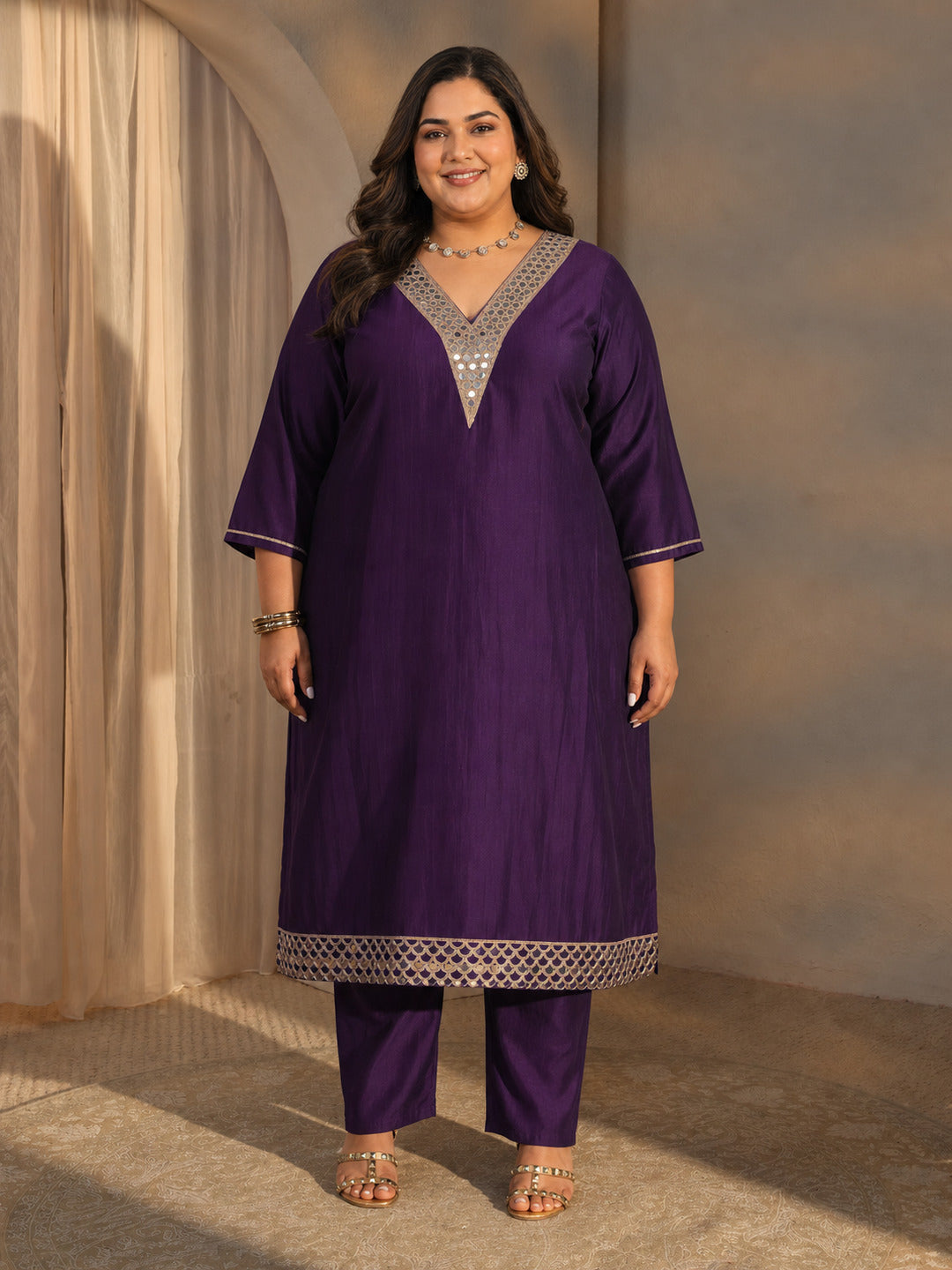 Plus Size Purple Mirror Work Yoke Design Silk Blend Straight Kurta Set 