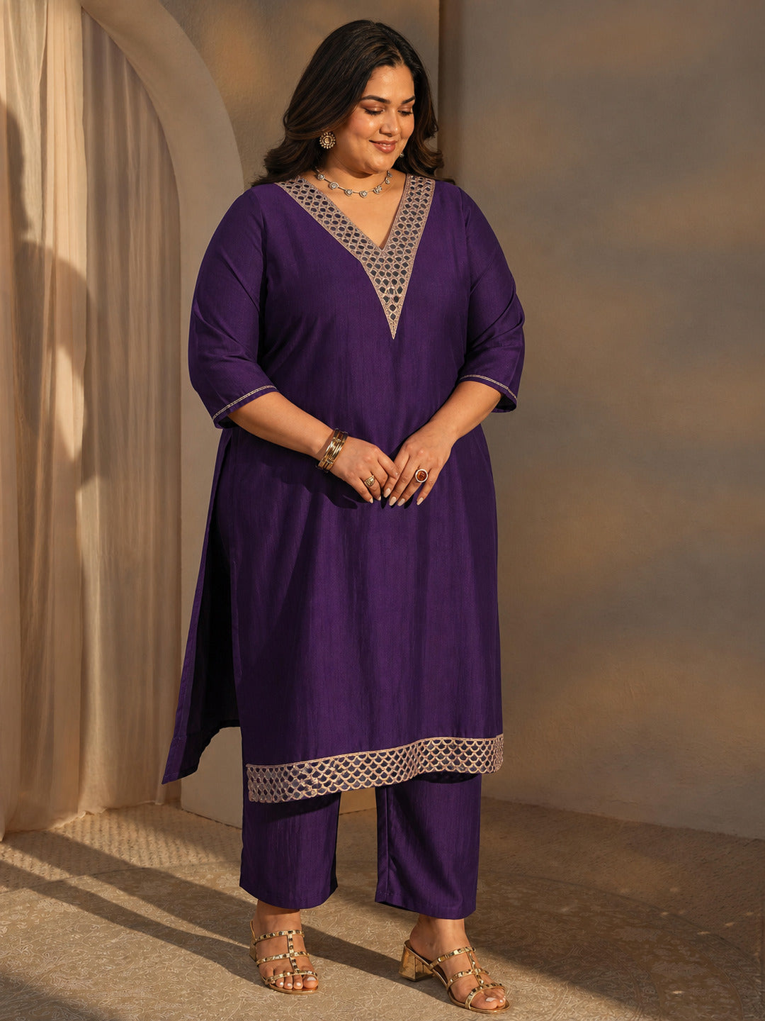  Plus Size Purple Mirror Work Yoke Design Silk Blend Straight Kurta Set 